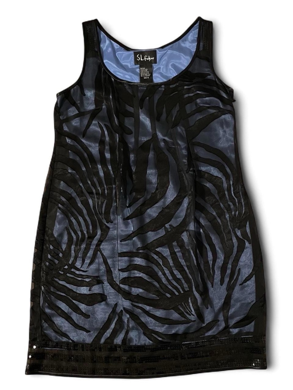 SL Fashions Zebra Print Mini Dress with Sequin Hem in Black Over Baby Blue